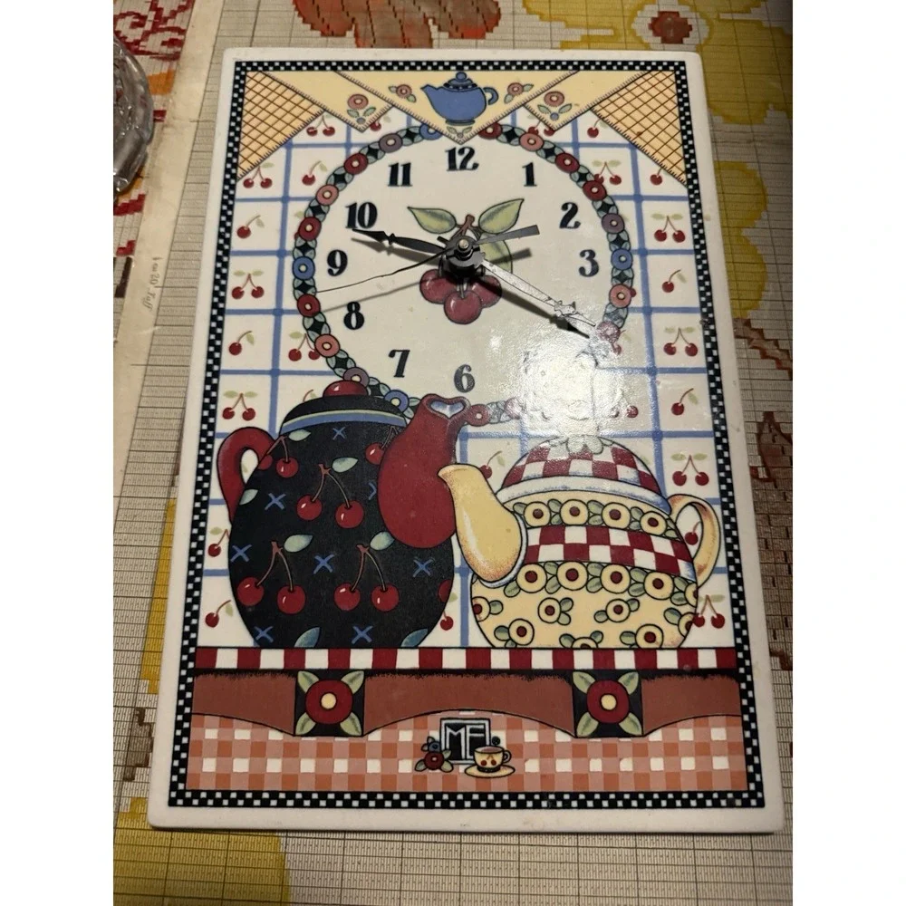 Vtg 1994 Engelbreit Ceramic Tile Wall Clock Teapot cherry fruit 12